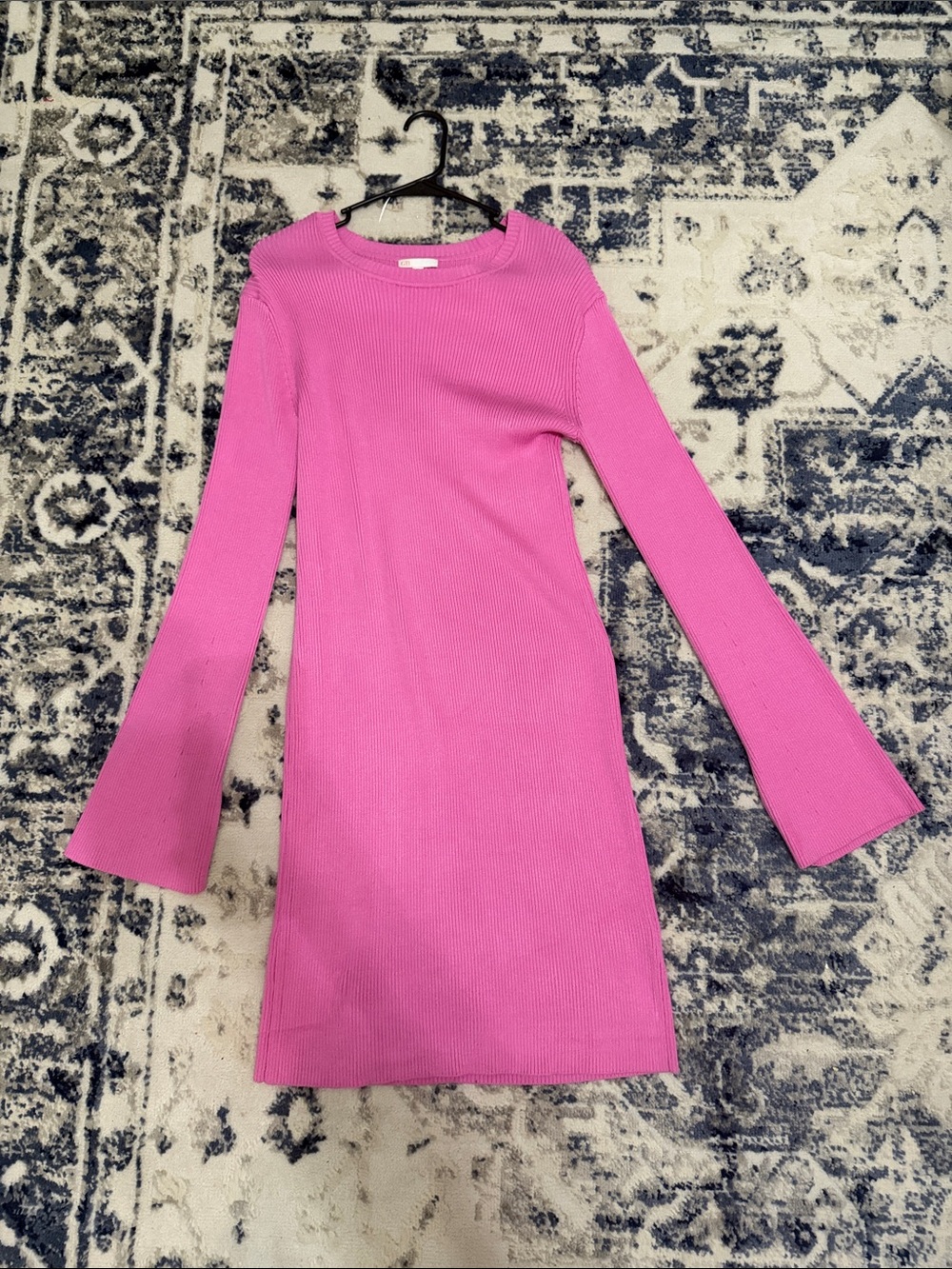 Girls' Pink Ribbed Bell-Sleeve Dress